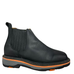 Botina Texana Masculina Goyazes Bico Quadrado Work Preto Couro Bison Preto Solado Preto/Laranja Ref:2574101-CK-01