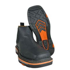 Botina Texana Masculina Goyazes Bico Quadrado Work Preto Couro Bison Preto Solado Preto/Laranja Ref:2574101-CK-01 Botina Texana Masculina Goyazes Bico Quadrado Work Preto Couro Bison Preto Solado Preto/Laranja Ref:2574101-CK-01