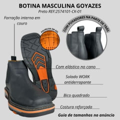 Botina Texana Masculina Goyazes Bico Quadrado Work Preto Couro Bison Preto Solado Preto/Laranja Ref:2574101-CK-01