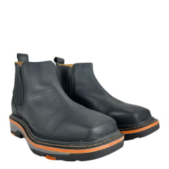 Botina Texana Masculina Goyazes Bico Quadrado Work Preto Couro Bison Preto Solado Preto/Laranja Ref:2574101-CK-01