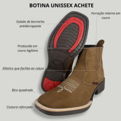 Botina Unissex Achete Bico Quadrado Couro Nobuck Cor Rato Bordado Florão Branco Ref.065-13