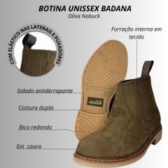 Botina Unissex Badana Bulgary Bico Redondo Oliva Nobuck Com 2 Costuras E Carimbo Badana Solado Pvc Ref:420