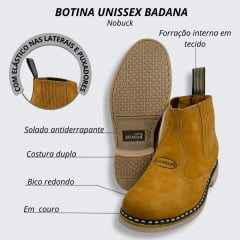 Botina Unissex Badana Vira Francesa Bico Redondo Cor:Nobuck Castor Com Carimbo Badana Ref.04