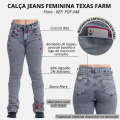 Calça Feminina Texas Farm Jeans Preto Stonado Flare Deck Com Bordados De Baralho Em Vermelho REF: PDF048