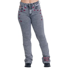 Calça Feminina Texas Farm Jeans Preto Stonado Flare Deck Com Bordados De Baralho Em Vermelho REF: PDF048