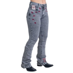 Calça Feminina Texas Farm Jeans Preto Stonado Flare Deck Com Bordados De Baralho Em Vermelho REF: PDF048