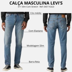 Calça Masculina Levi's 511 Slim Com Strech Lavagem Média Ref:045116323