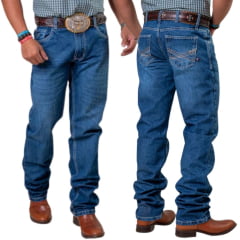 Calça Masculina Texas Farm Higway Jeans Escuro Com Bordado Bege E Marrom Ref:PDM040