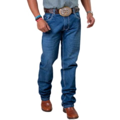 Calça Masculina Texas Farm Higway Jeans Escuro Com Bordado Bege E Marrom Ref:PDM040