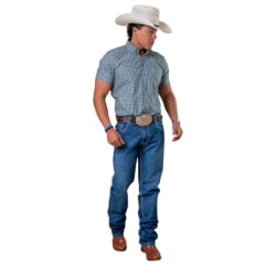 Calça Masculina Texas Farm Higway Jeans Escuro Com Bordado Bege E Marrom Ref:PDM040