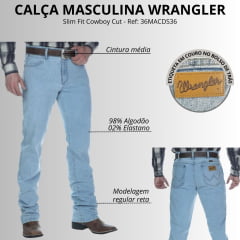 Calça Masculina Wrangler 36M Slim Fit Cowboy Cut Lavagem Clara Ref:36MACDS36