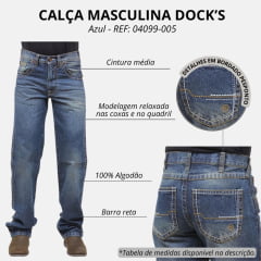 Calça Masculina Dock's Jeans Azul Relaxed DW08 Xtreme Slim Bordado No Bolso REF: 04099-005