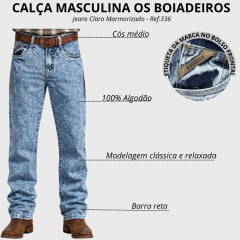 Calça Masculina Os Boiadeiros Tradicional 100% Algodão Jeans Claro Marmorizado Bolso Bordado Ref:336