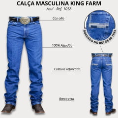 Calça Masculina King Farm Jeans Gold Fire Azul Médio 100% Algodão Bordado Ref:1058