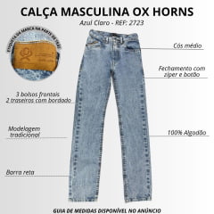Calça Masculina Ox Horns Jeans Azul Claro 100% Algodão Com Bordado Bolsos Ref:2723