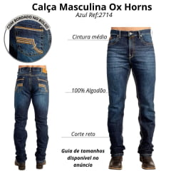 Calça Masculina Ox Horns Jeans Azul Médio Com Bordado Bolsos Ref:2714