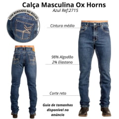Calça Masculina Ox Horns Jeans Azul Médio Com Elastano E Bordado Bolsos Ref:2715