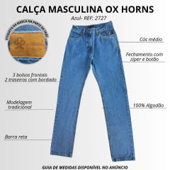 Calça Masculina Ox Horns Jeans Azul Médio 100% Algodão Ref:2727