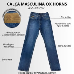 Calça Masculina Ox Horns Jeans Azul 100% Algodão Com Bordado Bolsos Ref2718