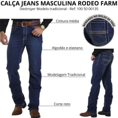 Calça Masculina Rodeo Farm Jeans Premium Com Elastano Destroyer Tradicional Bolso Bordado Ref: 100 50 00135