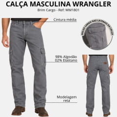 Calça Masculina Wrangler Brim Cargo Regular Cinza Chumbo Ref: WM1801
