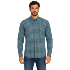 Camisa Masculina Radade Azul Manga Longa Xadrez Logo Amarelo