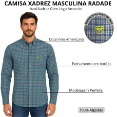 Camisa Masculina Radade Azul Manga Longa Xadrez Logo Amarelo