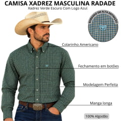 Camisa Masculina Radade Xadrez Verde Escura Manga Longa Logo Azul