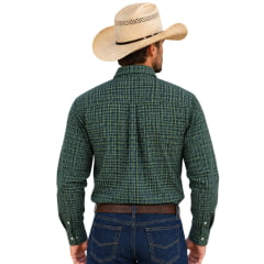 Camisa Masculina Radade Xadrez Verde Escura Manga Longa Logo Azul