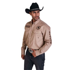 Camisa Country Masculina Radade Bordada New Western Marrom Claro