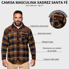 Camisa Em Lã Masculina Térmica Santa Fé Lenhador Xadrez Azul E Marrom Ref:01