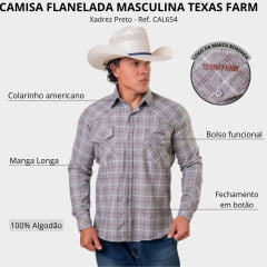 Camisa Masculina Texas Farm Flanelada Western Xadrez Preto E Marrom Manga Longa - Ref:CAL654