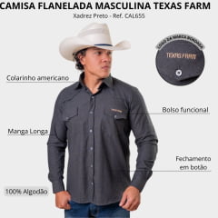 Camisa Masculina Texas Farm Flanelada Western Xadrez Preto - Ref:CAL655