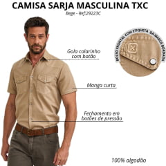 Camisa Masculina TXC Manga Curta Worker Sarja Bege Bolsos E Logo Bordado - Ref:29223C