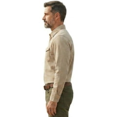 Camisa Masculina TXC RAM Manga Longa Tecido Sarja Bege Bolsos Botões De Pressão Logo Aplicado - Ref:RAM29222L