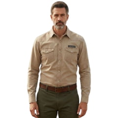 Camisa Masculina TXC RAM Manga Longa Tecido Sarja Bege Bolsos Botões De Pressão Logo Aplicado - Ref:RAM29222L