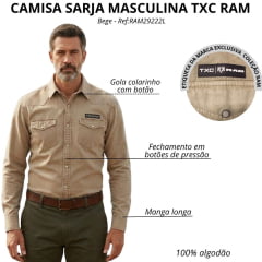 Camisa Masculina TXC RAM Manga Longa Tecido Sarja Bege Bolsos Botões De Pressão Logo Aplicado - Ref:RAM29222L