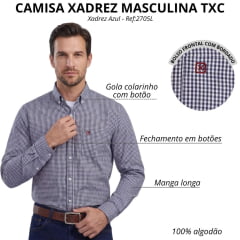 Camisa Masculina TXC Tricoline Manga Longa Xadrez  X2 Azul Logo Vermelho= - Ref:2705L