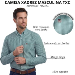 Camisa Masculina TXC Tricoline Manga Longa Xadrez  X2 Verde Logo Vermelho - Ref:2705L