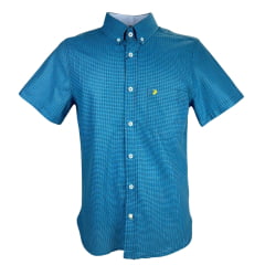 Camisa Masculina Aurochs Manga Curta Com Bolso Xadrez Azul Royal C/ Logo Bordado Amarelo