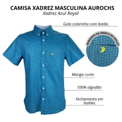 Camisa Masculina Aurochs Manga Curta Com Bolso Xadrez Azul Royal C/ Logo Bordado Amarelo