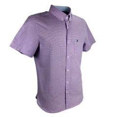 Camisa Masculina Aurochs Manga Curta Com Bolso Xadrez Lilás C/ Logo Bordado Verde