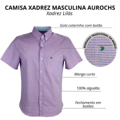 Camisa Masculina Aurochs Manga Curta Com Bolso Xadrez Lilás C/ Logo Bordado Verde