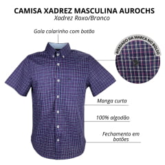 Camisa Masculina Aurochs Manga Curta Com Bolso Xadrez Roxo/Branco C/ Logo Bordado Preto