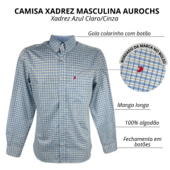 Camisa Masculina Aurochs Manga Longa Com Bolso Xadrez Azul Claro/Cinza E Logo Bordado Vermelho