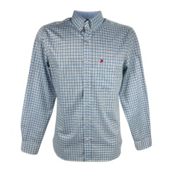 Camisa Masculina Aurochs Manga Longa Com Bolso Xadrez Azul Claro/Cinza E Logo Bordado Vermelho