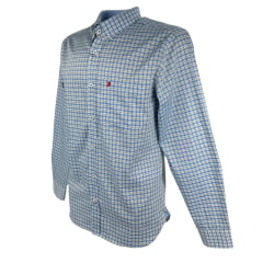 Camisa Masculina Aurochs Manga Longa Com Bolso Xadrez Azul Claro/Cinza E Logo Bordado Vermelho