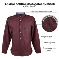 Camisa Masculina Aurochs Manga Longa Com Bolso Xadrez Bordô Com Logo Bordado Azul Marinho