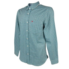 Camisa Masculina Aurochs Manga Longa Com Bolso Xadrez Verde/Azul Claro C/ Logo Bordado Vermelho