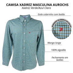 Camisa Masculina Aurochs Manga Longa Com Bolso Xadrez Verde/Azul Claro C/ Logo Bordado Vermelho